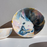 handmade ceramic purple, blue, yellow and peach pasta bowl 