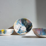 handmade ceramic purple, blue, yellow and peach pasta bowl 
