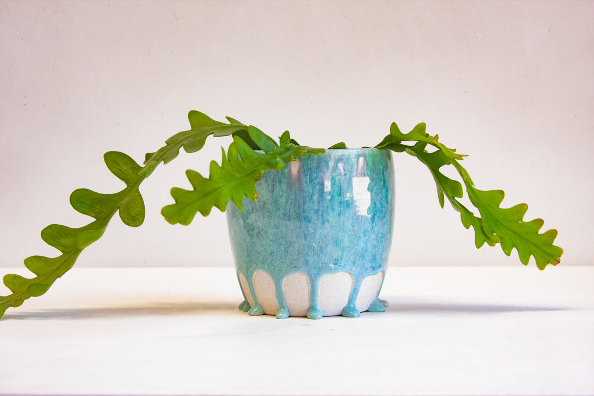 handmade ceramic planter glazed in blue and purple