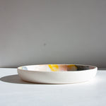 handmade ceramic purple, yell, blue deep platter from side