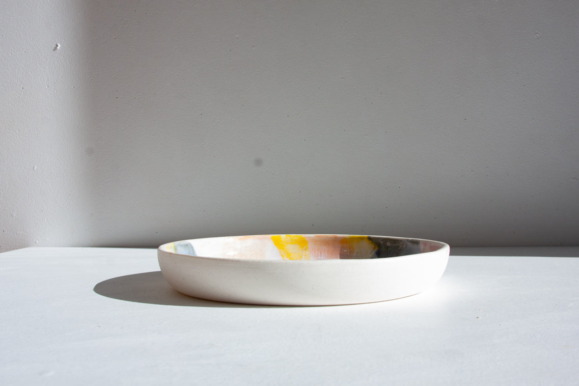 handmade ceramic purple, yell, blue deep platter from side