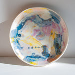 handmade ceramic purple, yell, blue deep platter from front