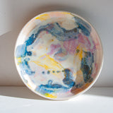 handmade ceramic purple, yell, blue deep platter from front