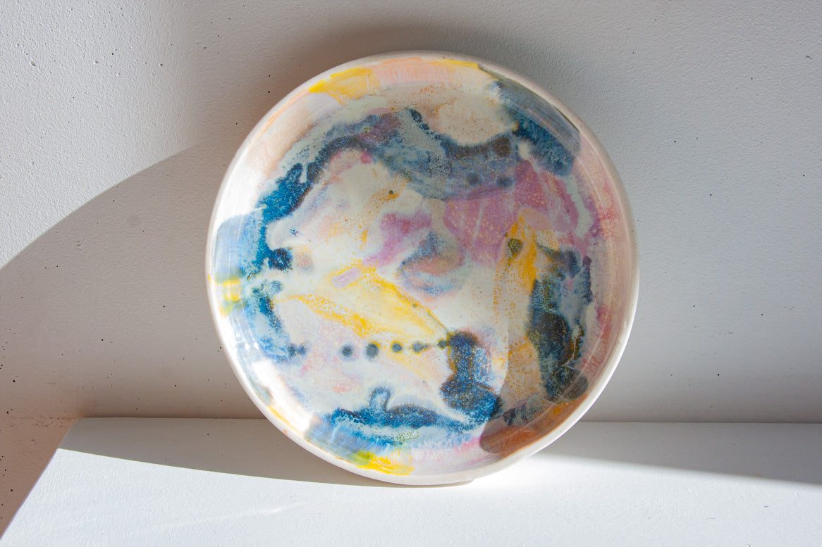 handmade ceramic purple, yell, blue deep platter from front
