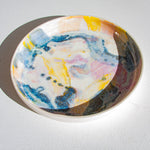 handmade ceramic purple, yellow, blue deep platter from above