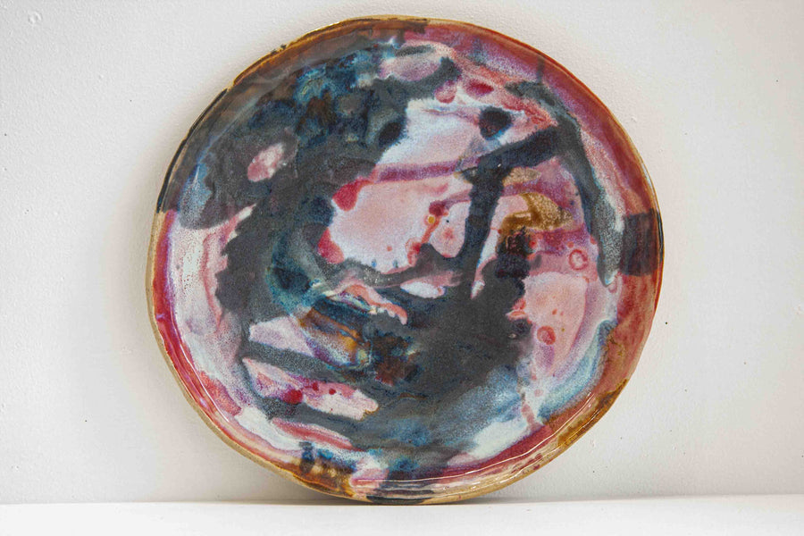 handmade red, blue and white ceramic platter