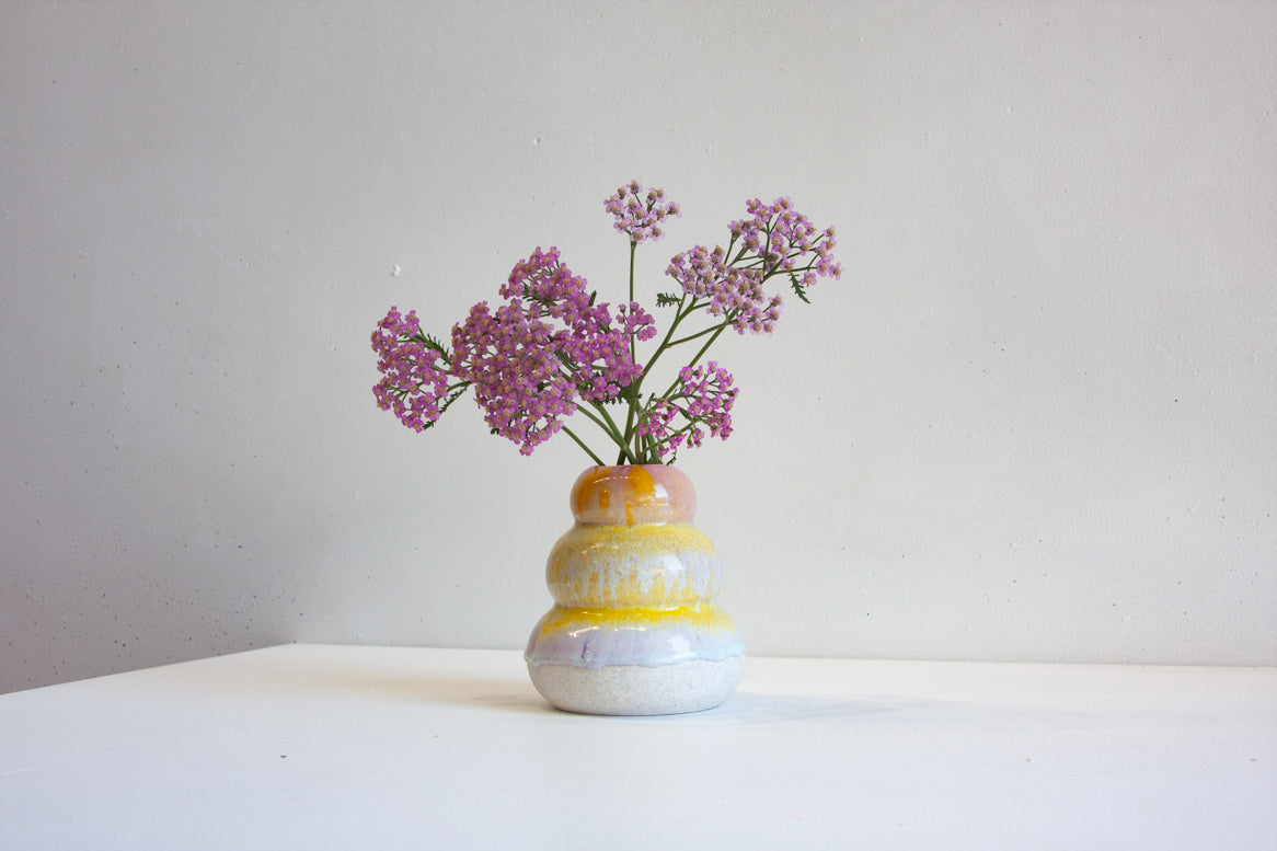 handmade ceramic sculptural pink and yellow vase