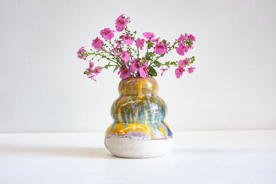 handmade ceramic yellow, pink and blue sculptural vase
