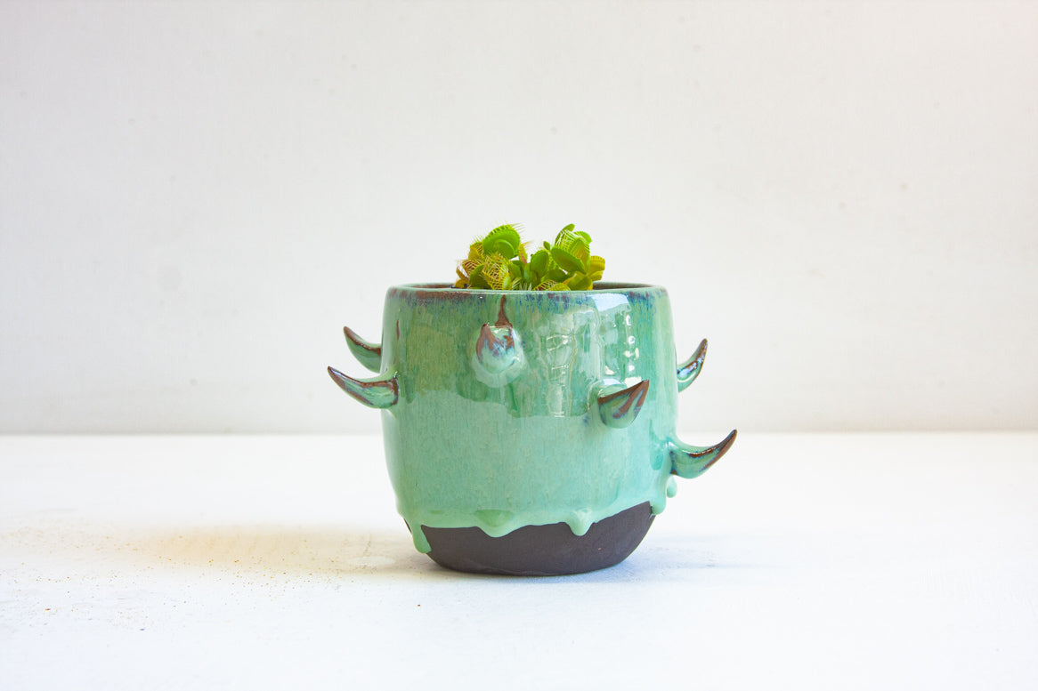 Ceramic cactus-inspired planter with a small succulent on a white background
