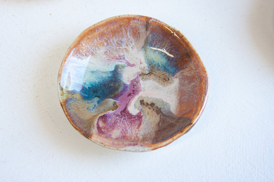 handmade ceramic brown, pink and blue mini plate