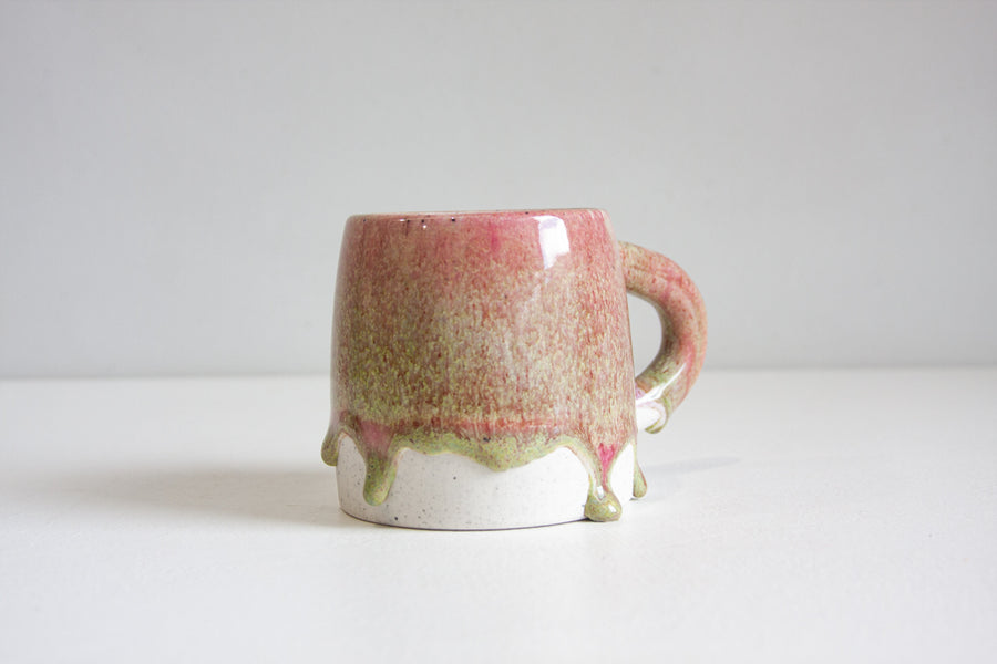 handmade ceramic dark pink and green drip glaze mug
