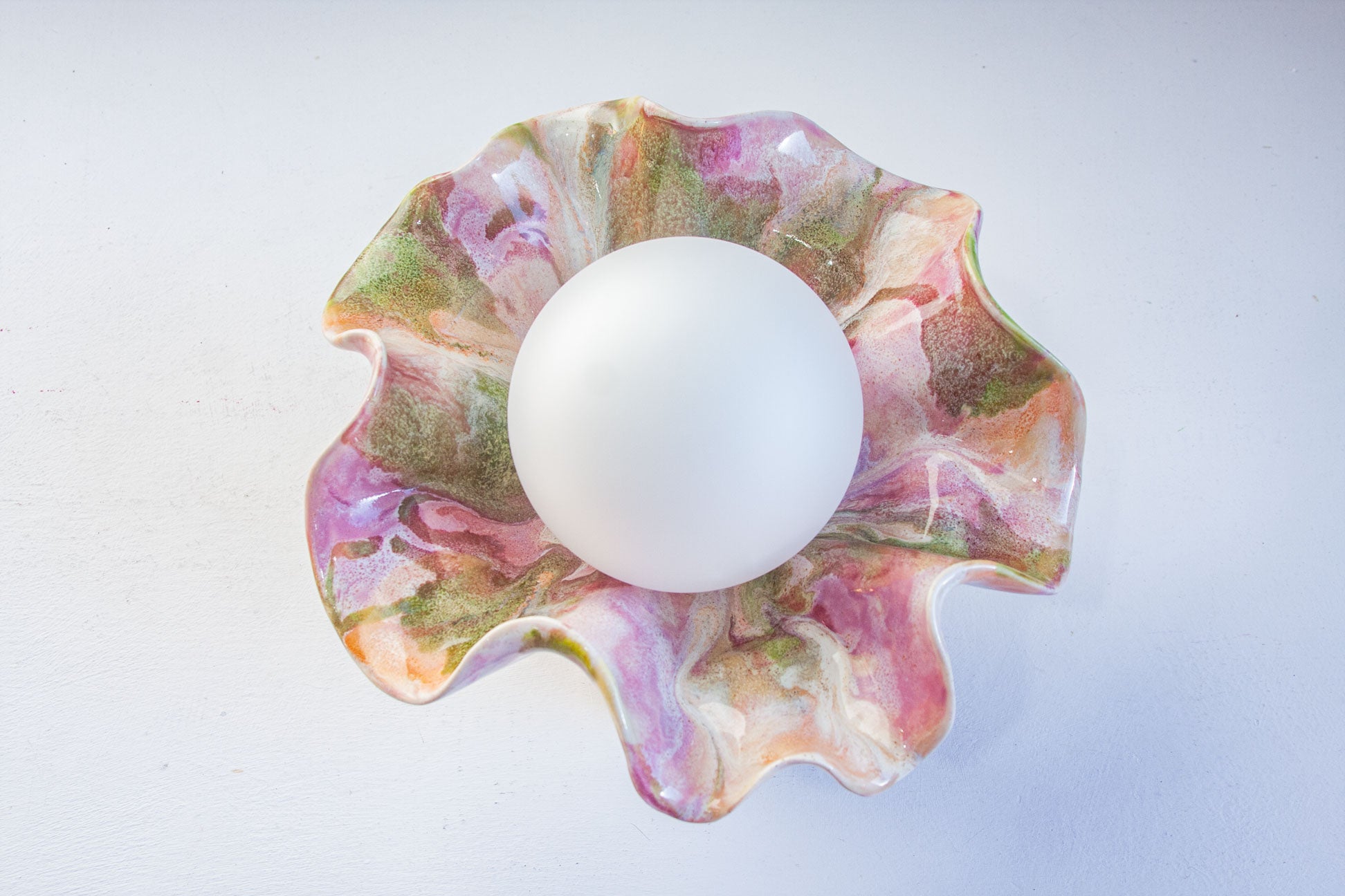 birdseye view of handmade ceramic table lamp with bulb