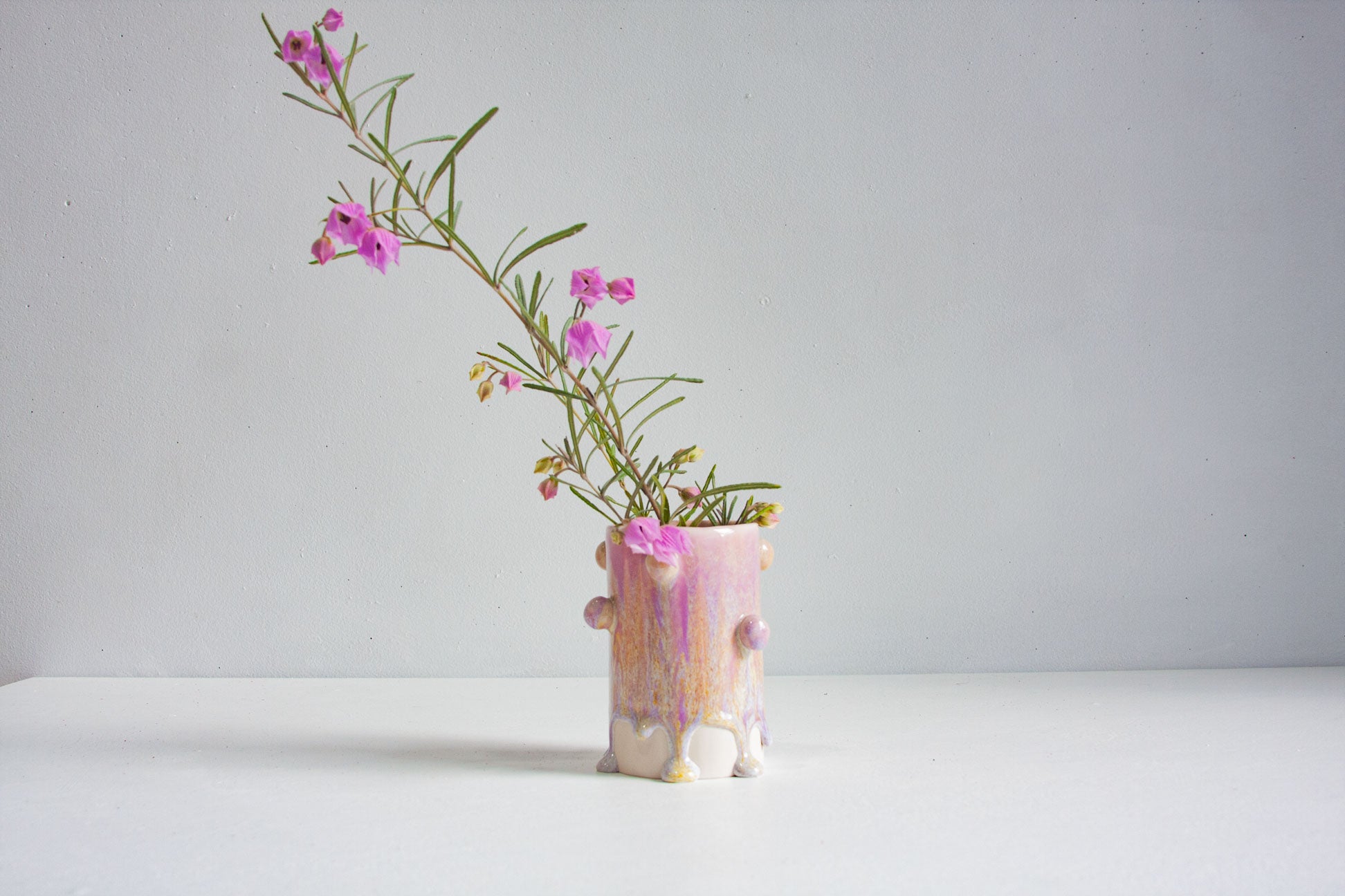 A small pastel pink ceramic pot with a textured, organic surface and small protruding feet, holding a delicate green sprig with pink flowers, set against a plain light grey background.