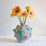 handmade ceramic sculptural green, peach and purple vase