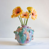 handmade ceramic sculptural green, peach and purple vase