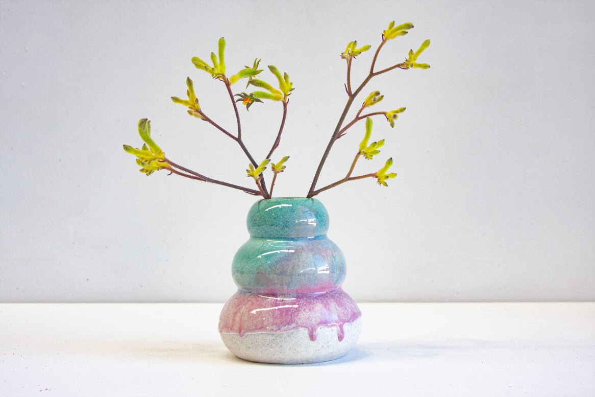 Handmade ceramic sculptural purple and blue vase