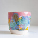 handmade ceramic pink, blue, yellow planter 