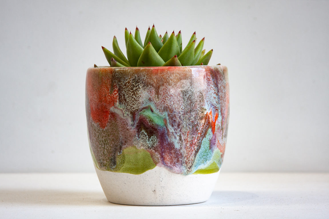 handmade ceramic green, red, brown and orange planter