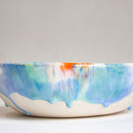 handmade ceramic blue, green, orange and white fruit bowl