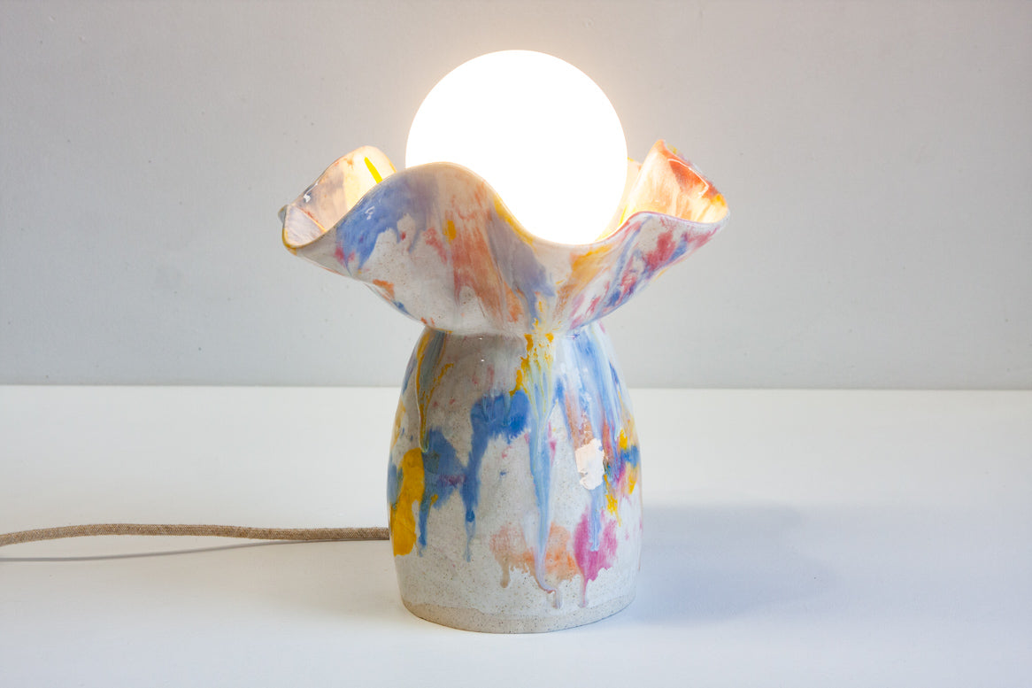 handmade ceramic decorative table lamp,  glazed in pink, yellow and blue