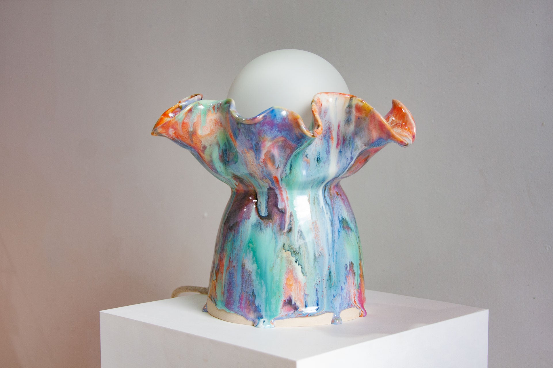handmade ceramic pink, orange, blue and green drippy glazed lamp