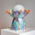 handmade ceramic pink, orange, blue and green drippy glazed lamp
