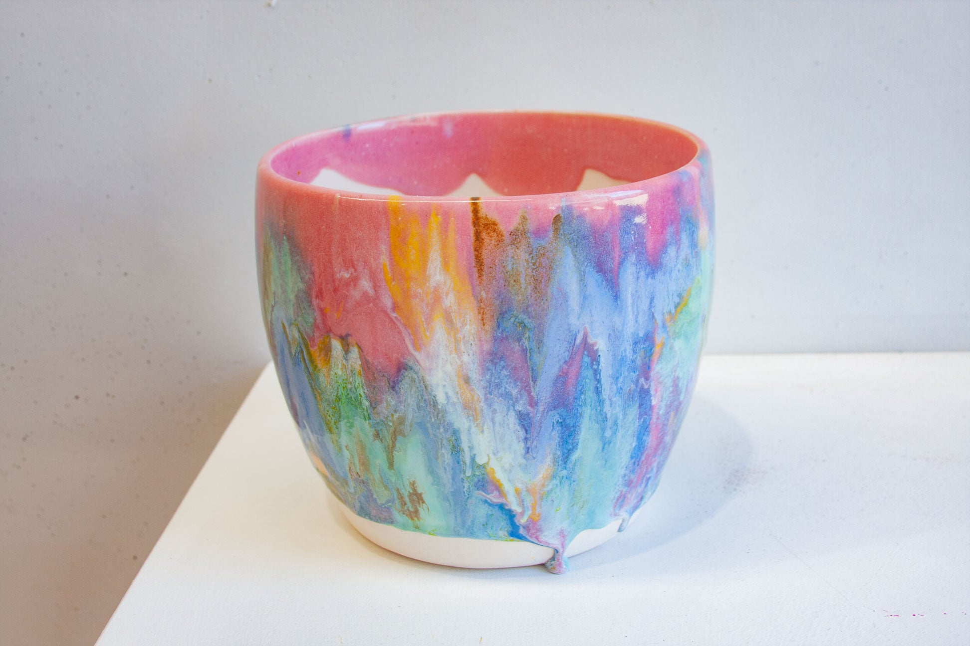 handmade ceramic pastel coloured planter with drippy glaze