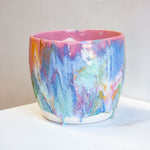 handmade ceramic pink, blue, green, yellow, brown and white glazed planter.