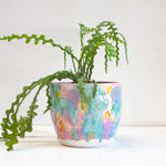 handmade ceramic large planter glazed in purple, green, orange and yellow