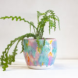 handmade ceramic large planter glazed in purple, green, orange and yellow