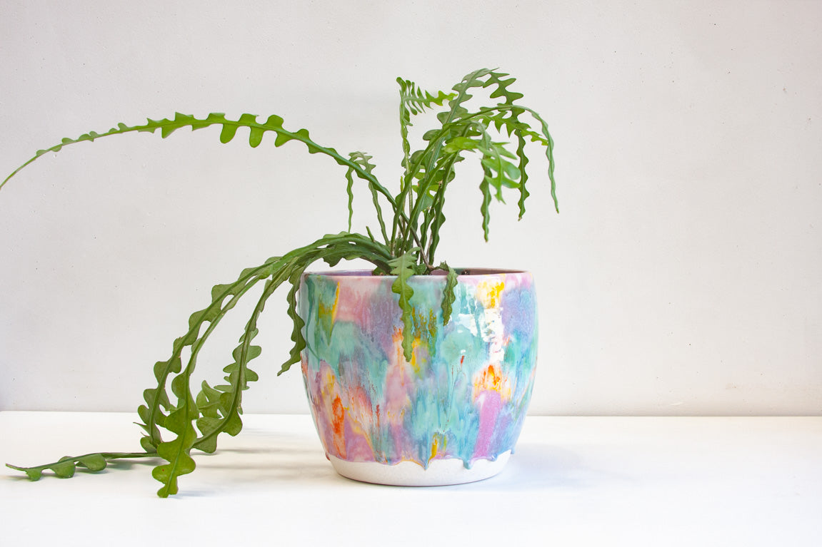 handmade ceramic large planter glazed in purple, green, orange and yellow
