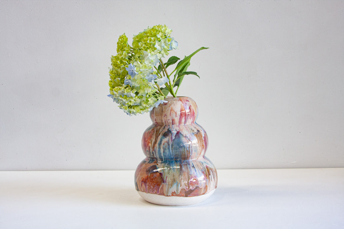 handmade ceramic brown, pink and blue sculptural vase