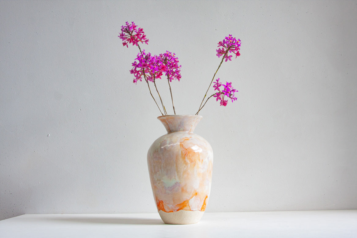 handmade ceramic large sculptural vase glazed in soft peach, pink and cream