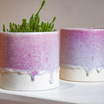 two speckled purple handmade ceramic planters on a table.