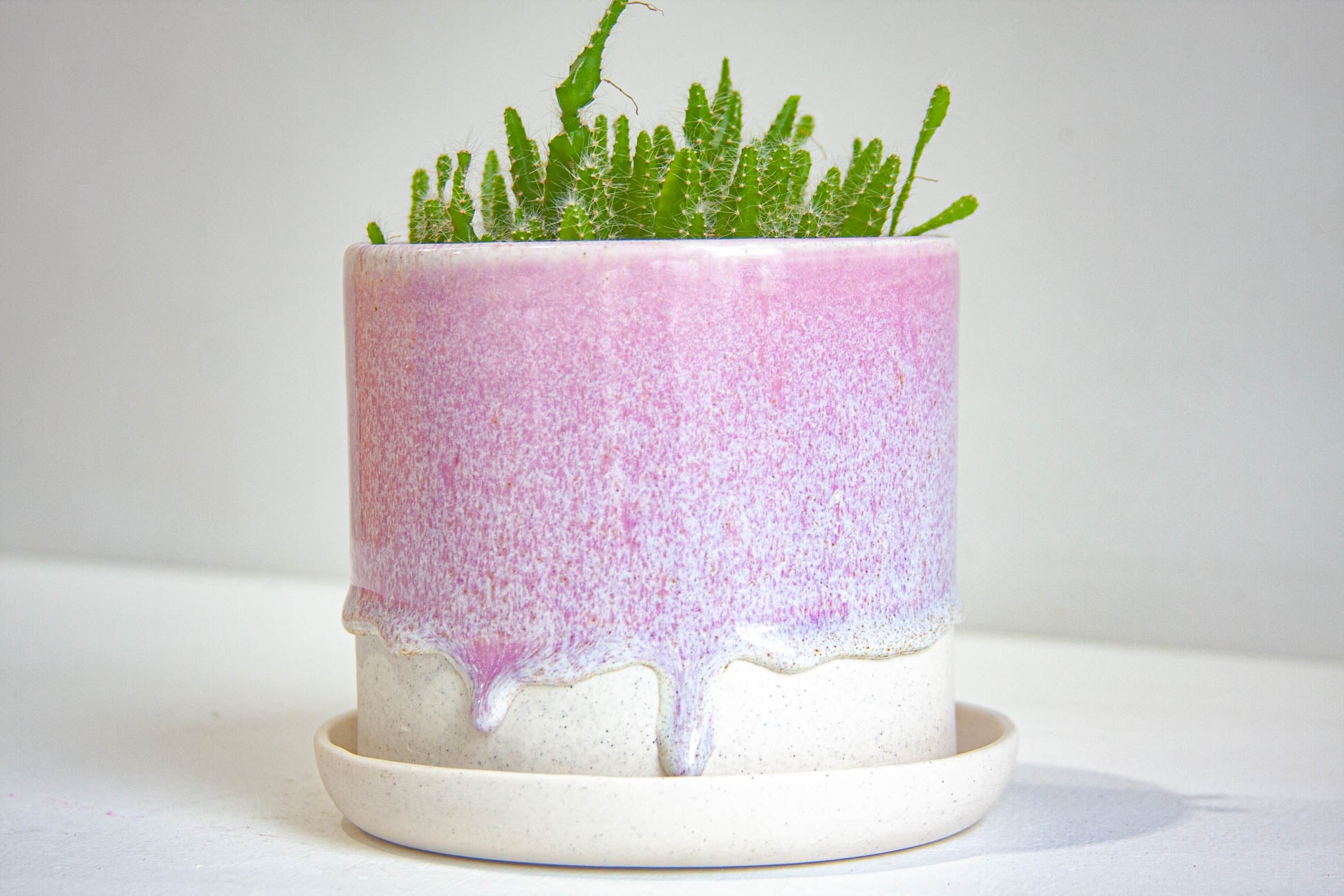 handmade ceramic light purple cylinder shaped planter sitting on a crisp white saucer
