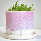handmade ceramic light purple cylinder shaped planter sitting on a crisp white saucer