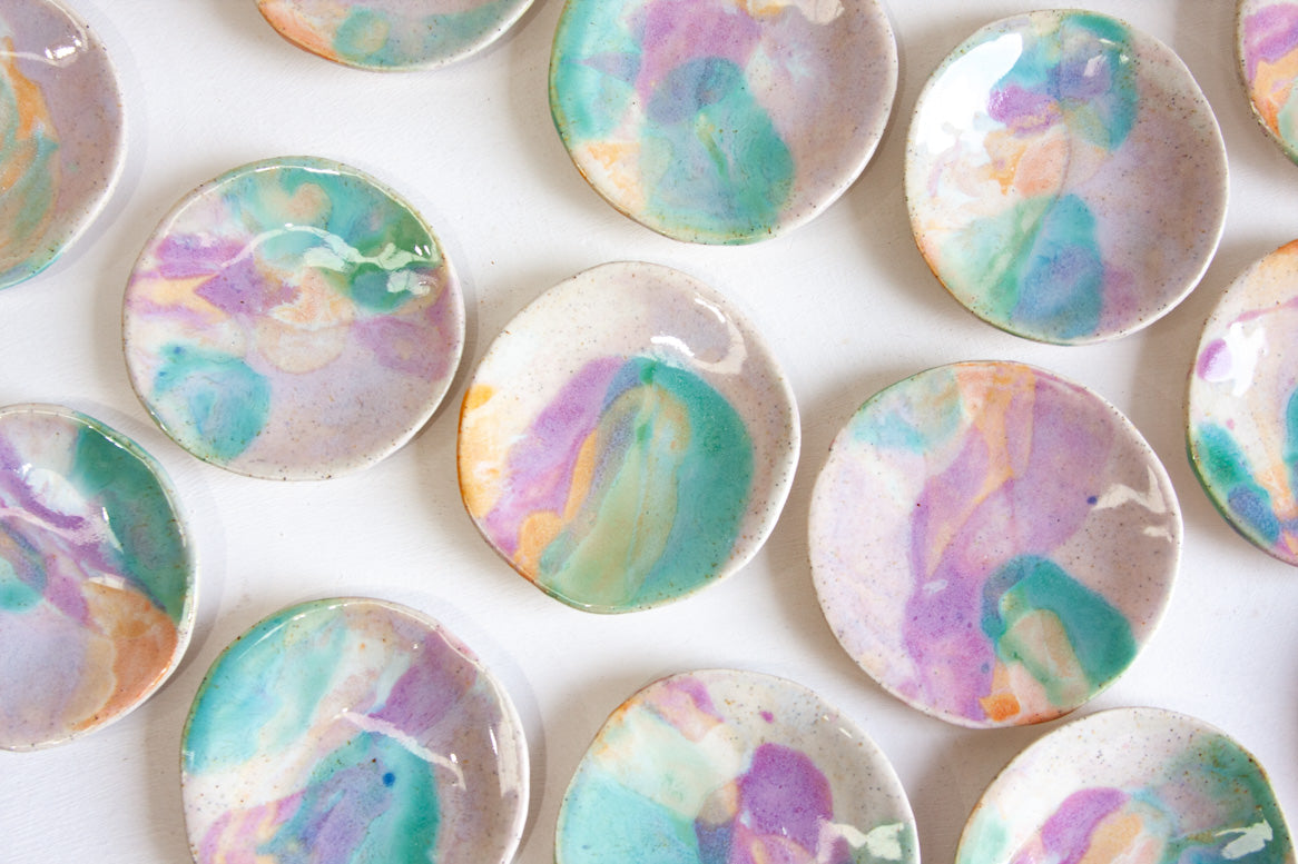 handmade ceramic purple, green and peach small dish
