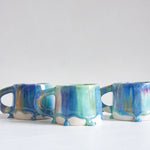 3 blue, green drippy glazed handmade mugs