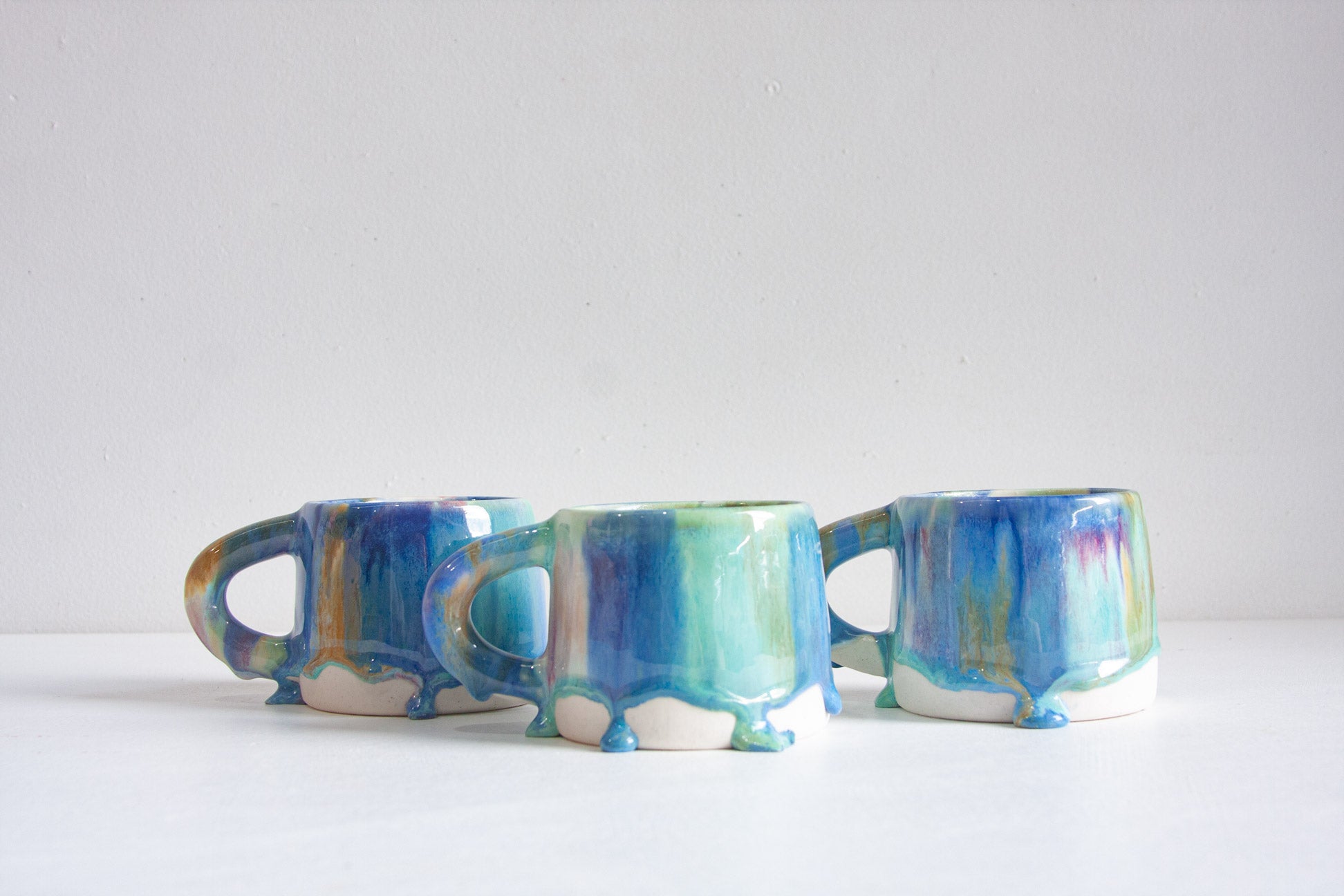 3 blue, green drippy glazed handmade mugs