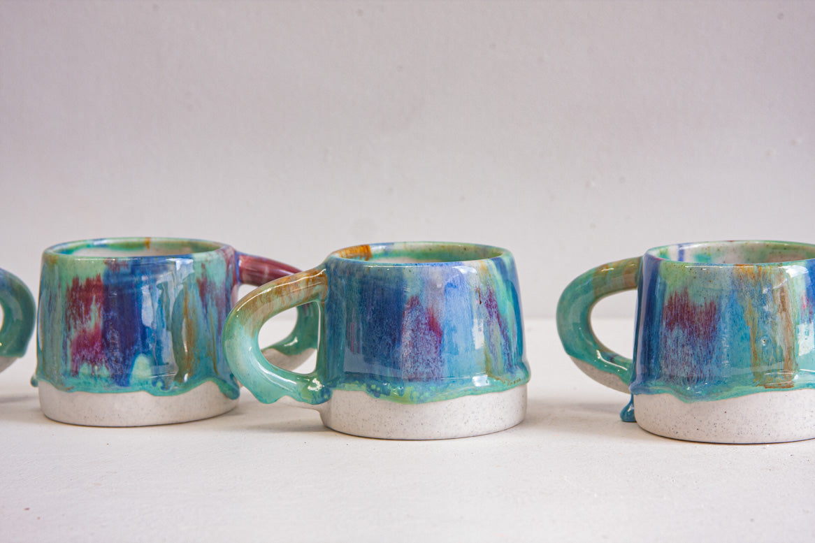 handmade ceramic green, blue, red and brown mug 