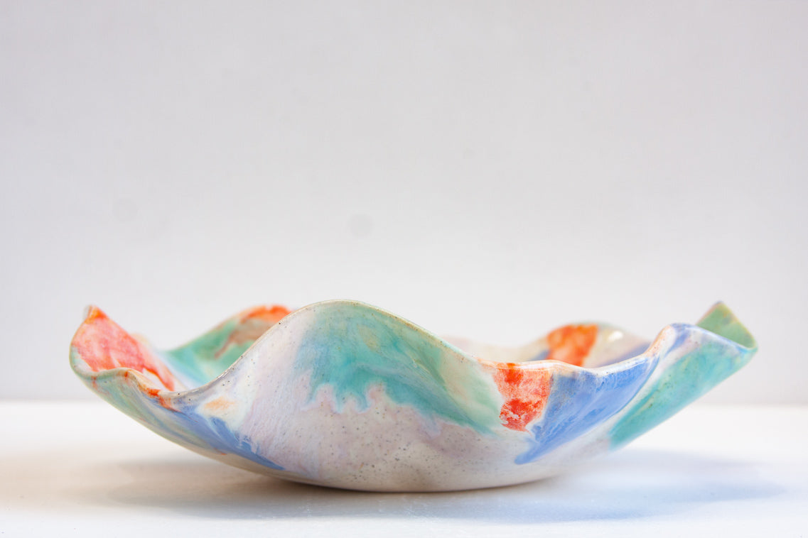 handmade ceramic blue, green, purple and orange organic shaped platter