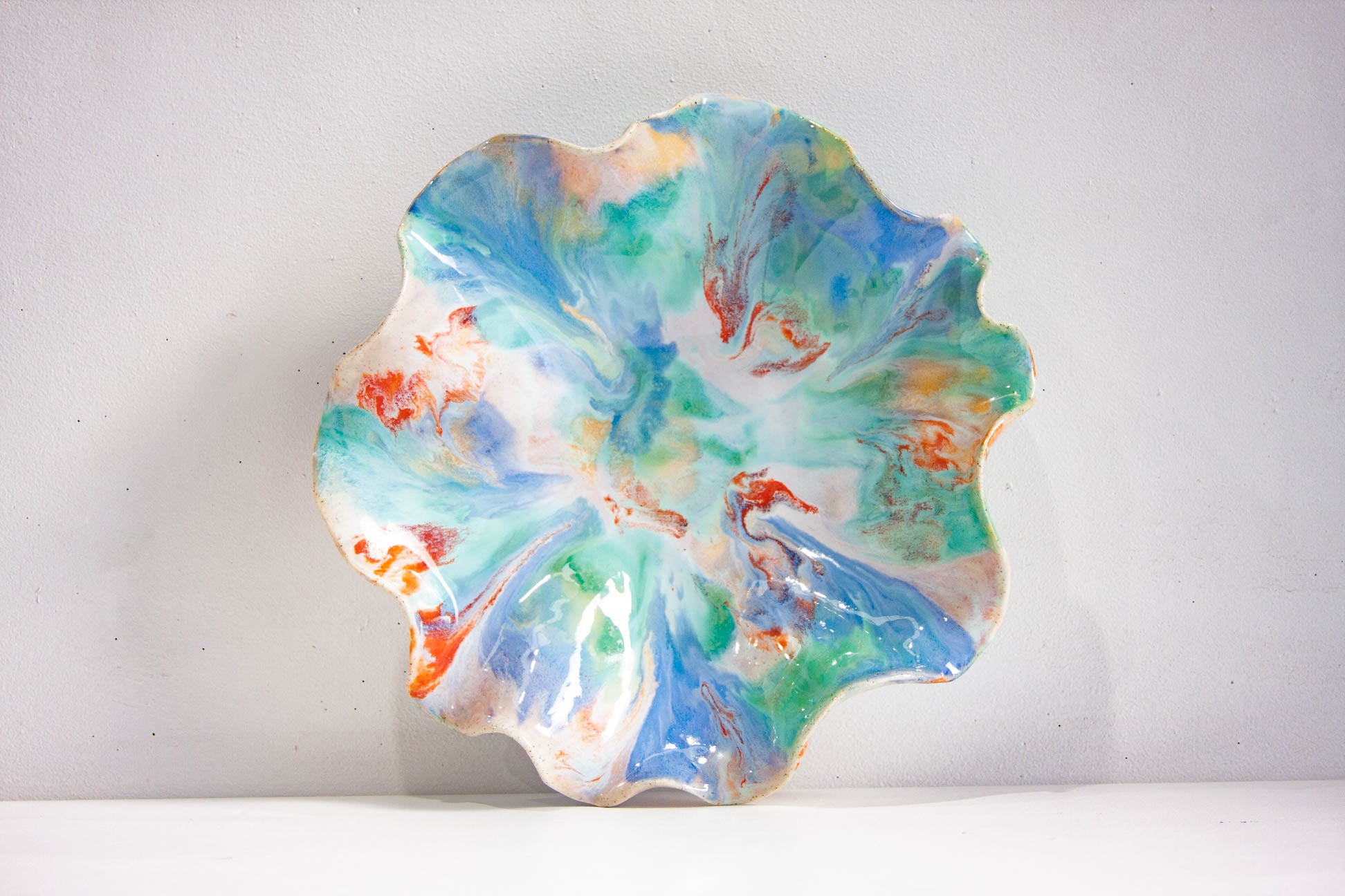 handmade scalloped ceramic blue, green and orange platter