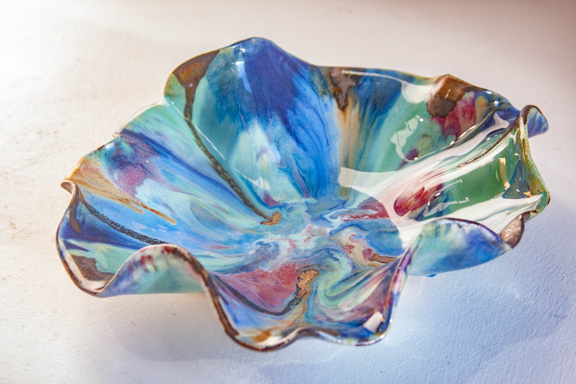 Handmade ceramic decorative wavy colourful platter