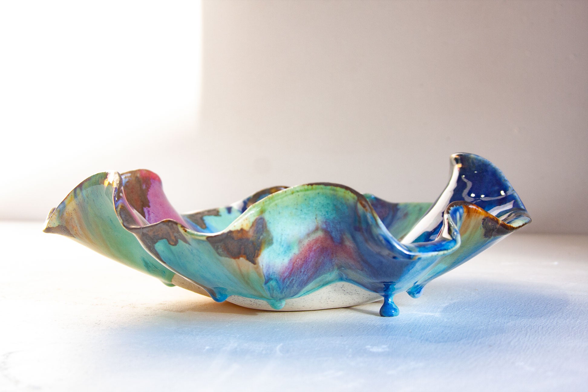 handmade ceramic decorative platter with glaze drip detail