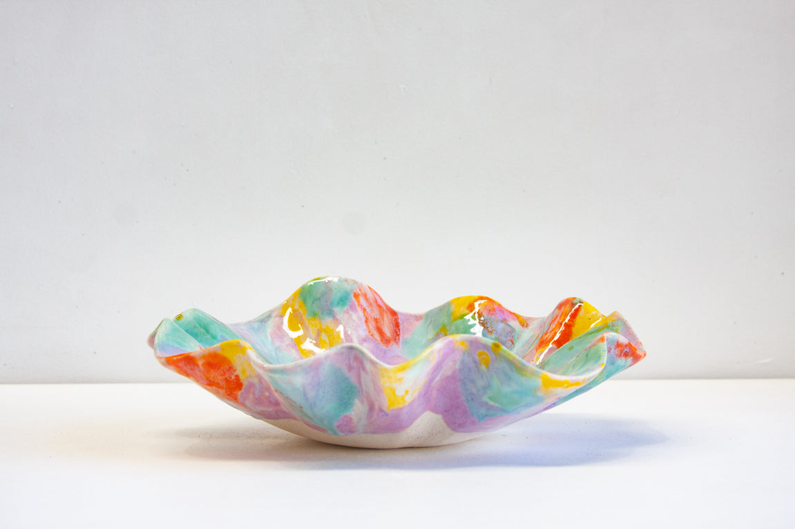 Handmade ceramic multicoloured oyster shaped platter