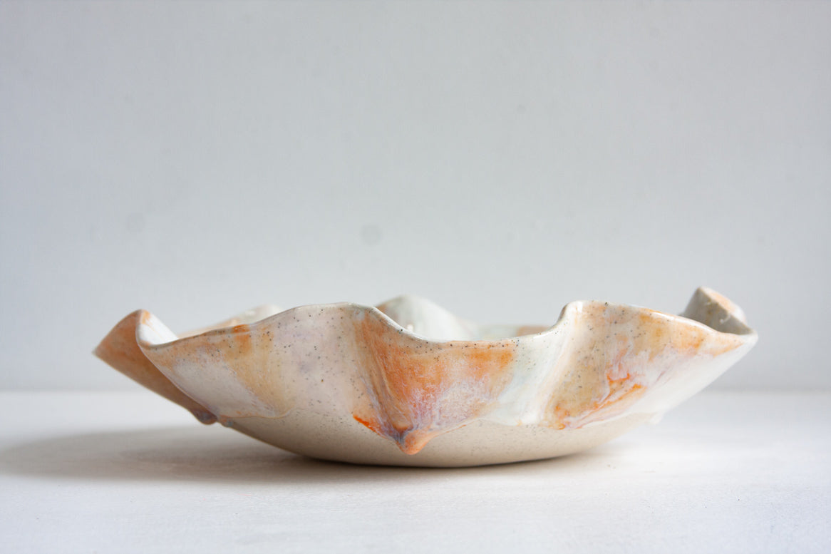 handmade ceramic folded edges platter glazed in soft peach, pink and cream