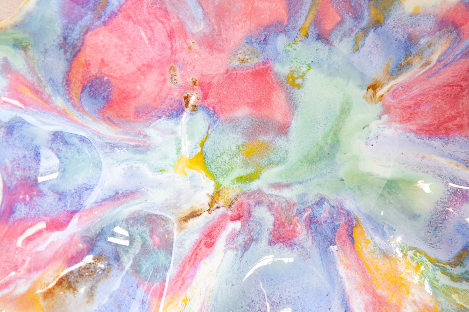 Abstract marbled fluid art print with swirling pastel pink, blue, purple, green, white, and gold liquid paint textures.