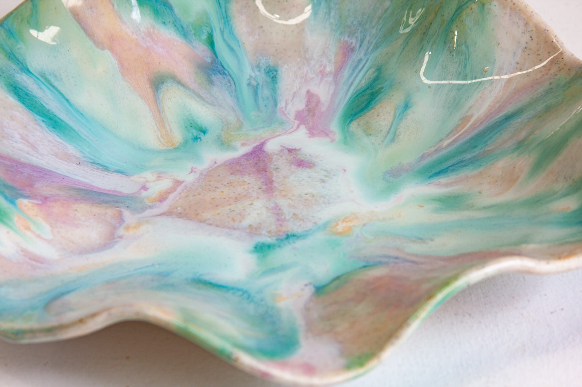handmade ceramic sculptural platter glazed in green, purple and peach