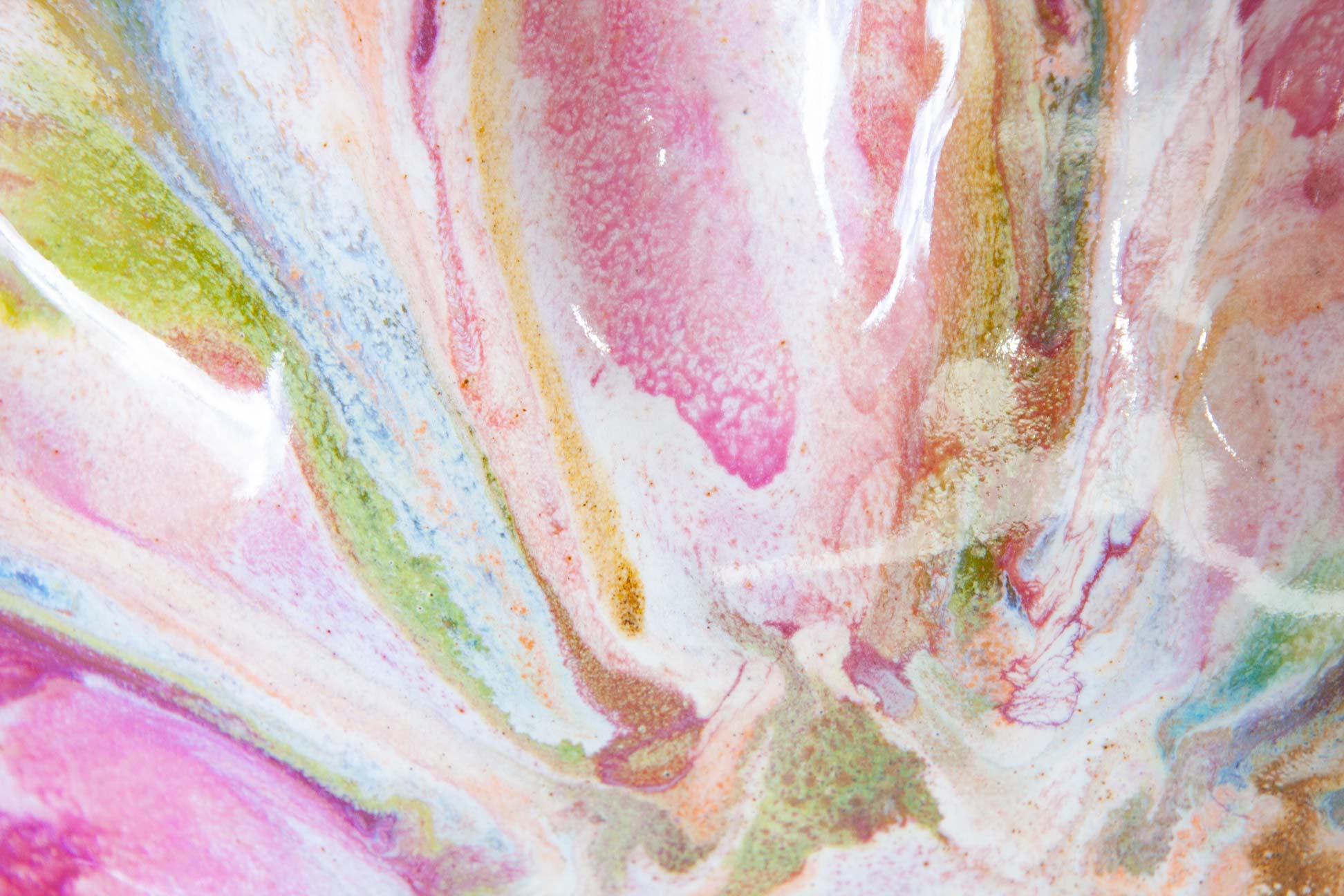 Abstract fluid art print featuring swirling marbled patterns of pink, white, light blue, green, and gold with a glossy finish.