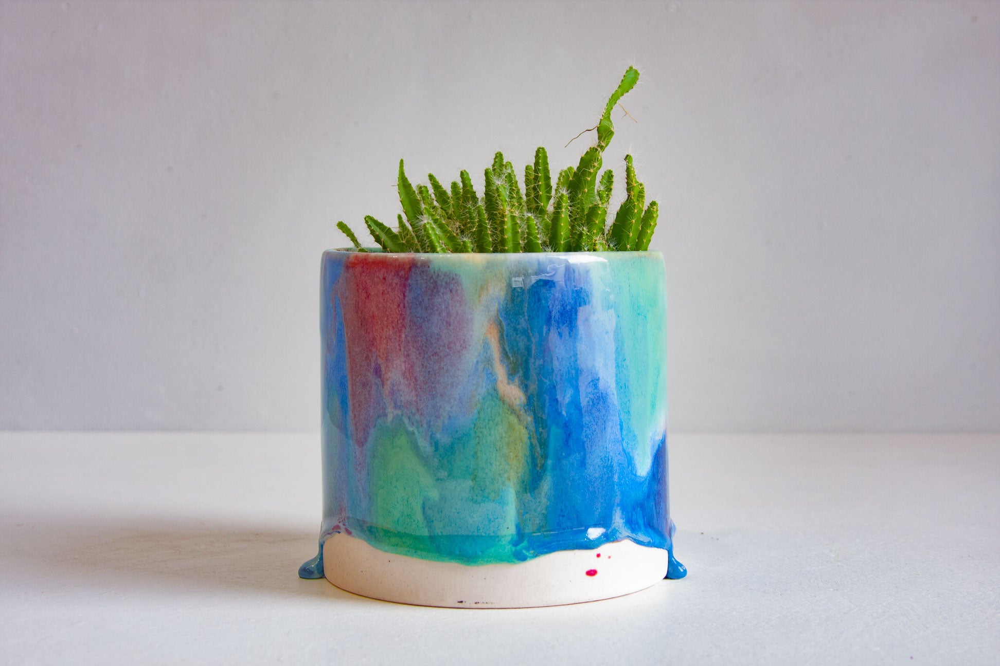 A small succulent plant in a cylindrical ceramic pot with a glossy multicolor glaze featuring blue, green, and pink, set against a plain light gray background.